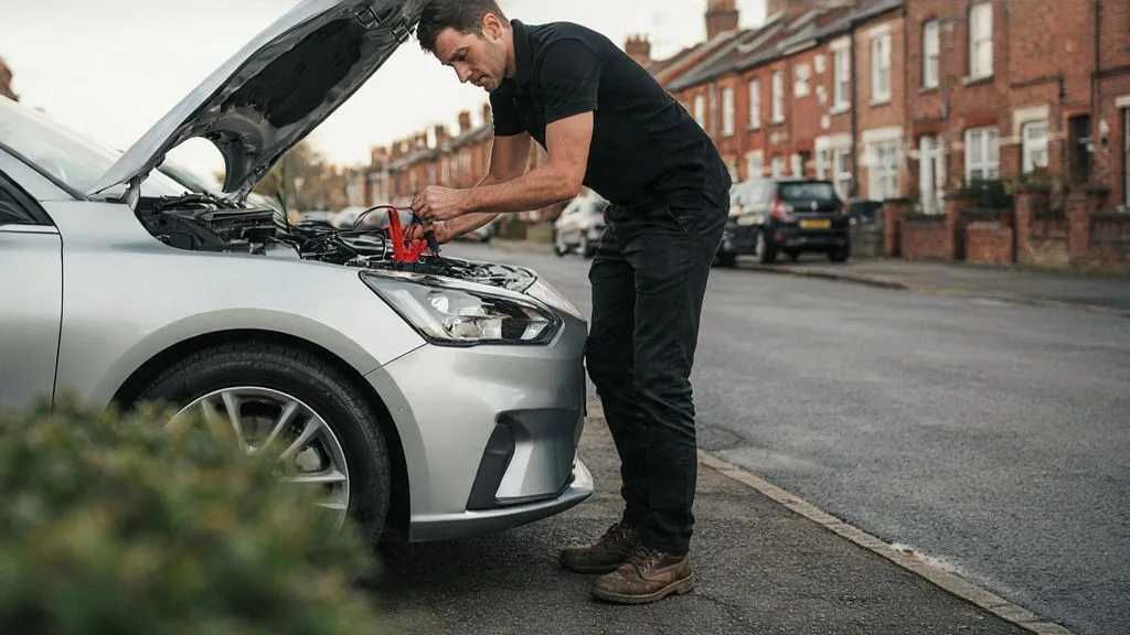 Technician connecting a booster pack to a car battery