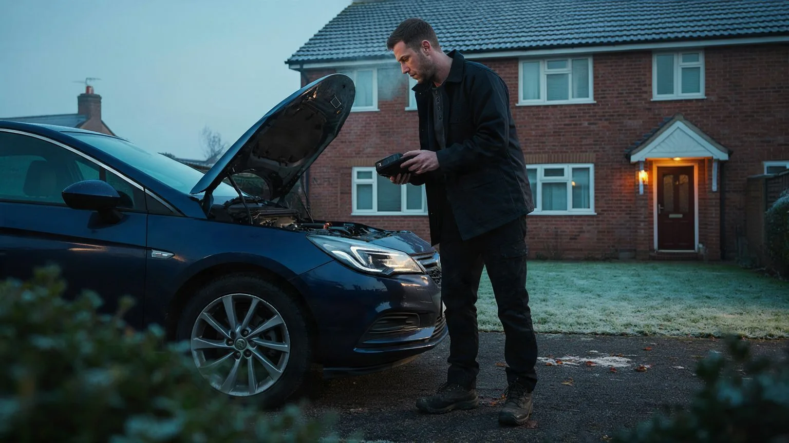 Technician using a jump starter pack on a car on a frosty driveway at dawn