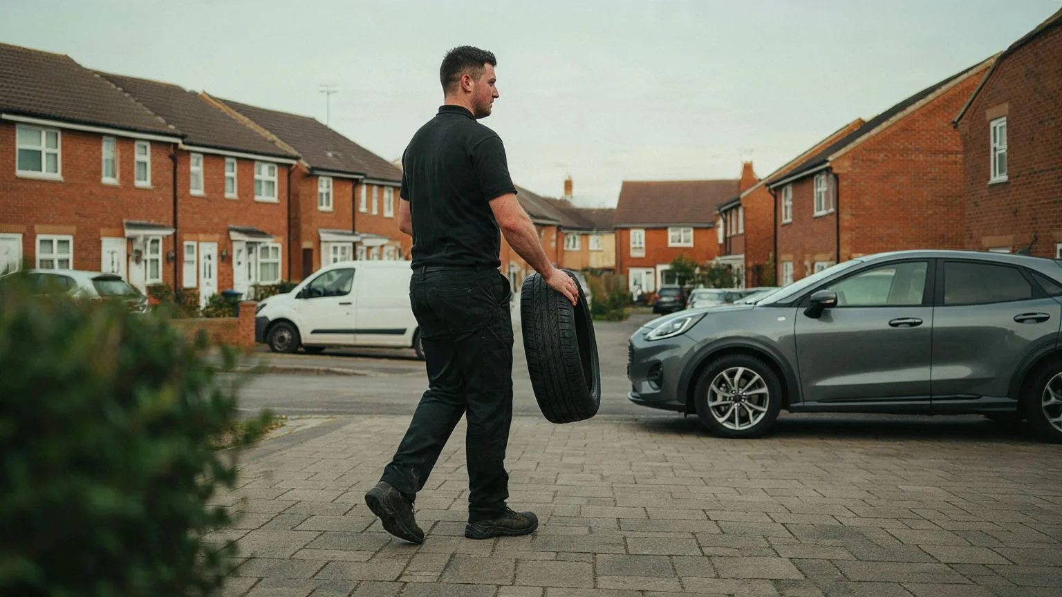 Technician carrying a new tyre across a home driveway to a car