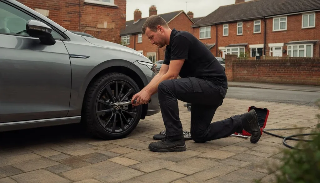 Technician tightening wheel nuts on a car on a home driveway