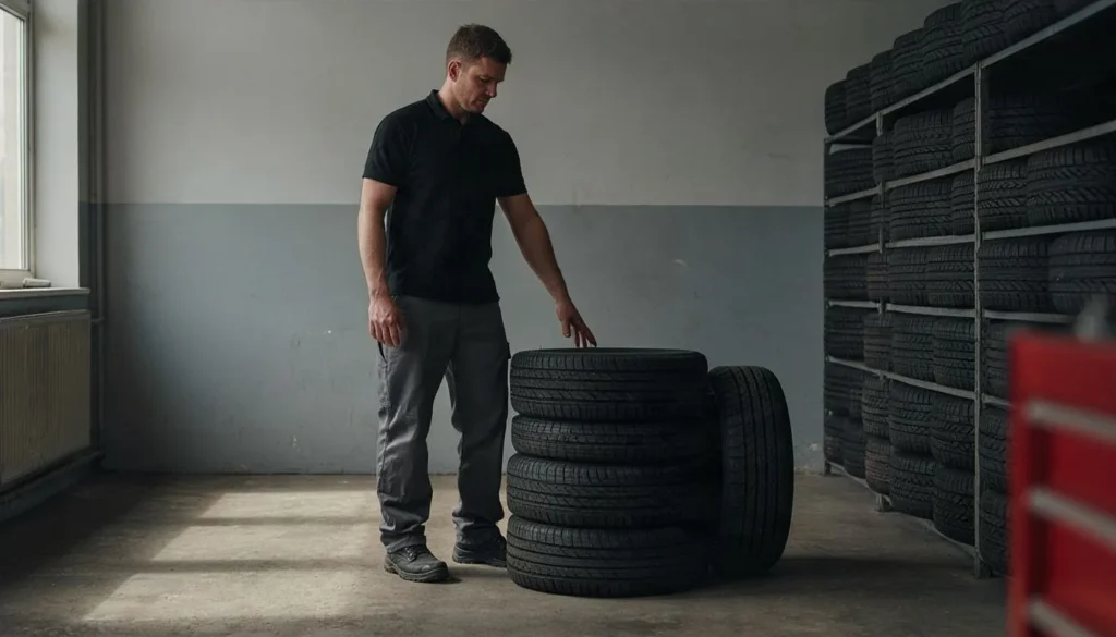 Technician standing beside a stack of new car tyres in a tyre workshop