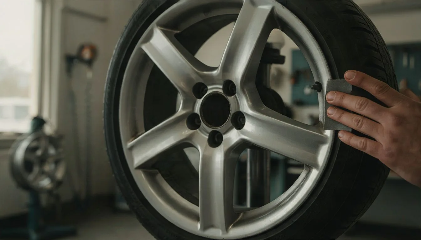 Technician pressing a stick-on balance weight onto an alloy wheel rim