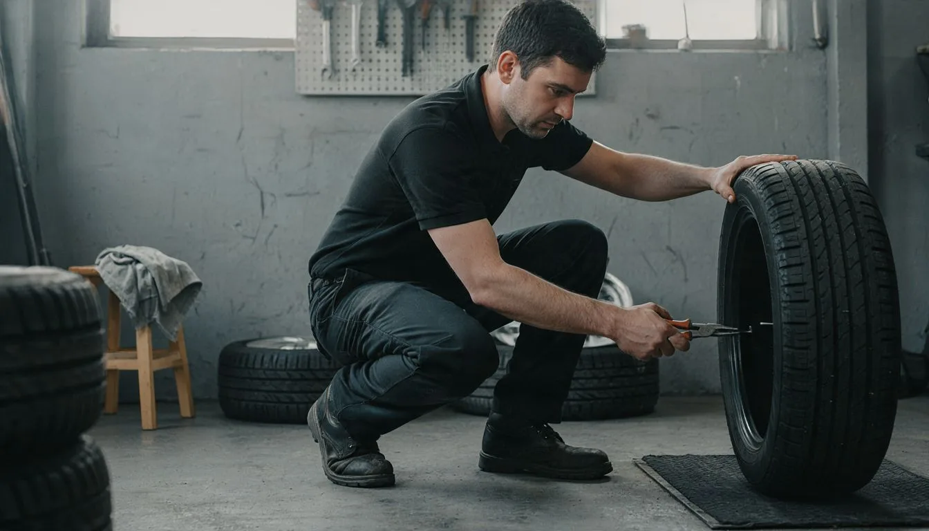 Technician removing a screw from a car tyre tread