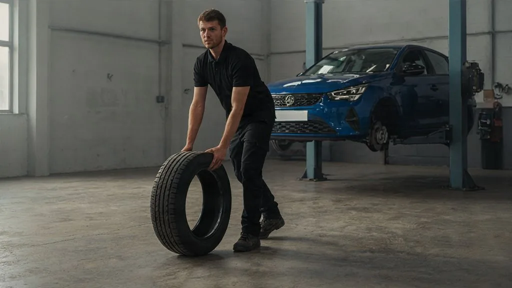 Technician rolling a wheel during a tyre rotation