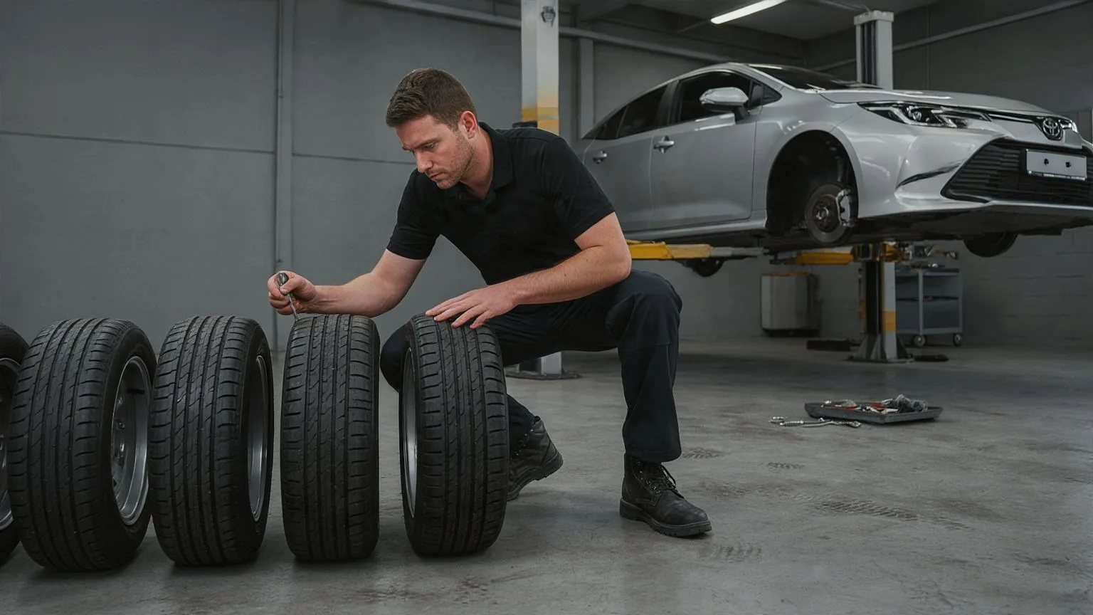 Four wheels lined up beside a car on a lift during a tyre rotation