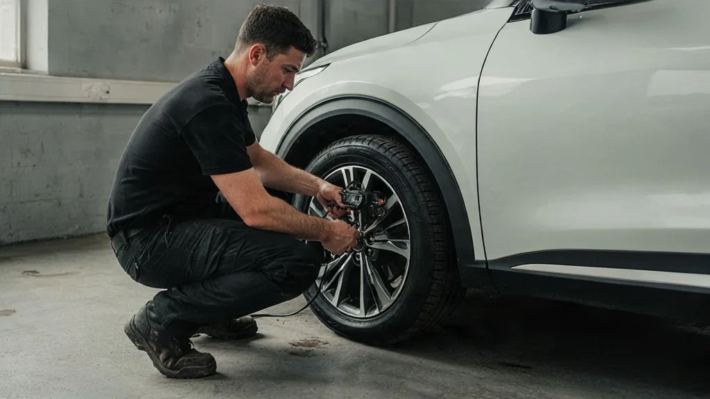 Wheel alignment clamp fitted to a car wheel